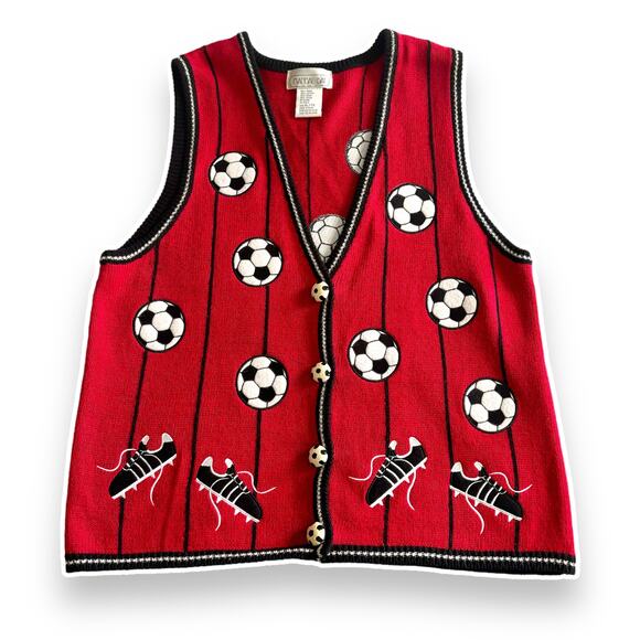 Vintage Mandal Bay Ladies Soccer Sweater Vest XL Red Black Novelty Whimsical 90s - Picture 1 of 7